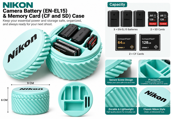 Nikon EN-EL15 Camera Battery & Memory Card Storage Case – Holds 3 Batteries, 2 SD & 2 CF Cards